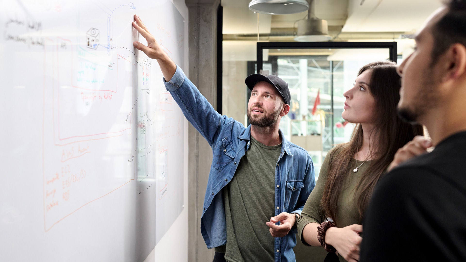 Three people are standing at a whiteboard looking at notes and talking together.