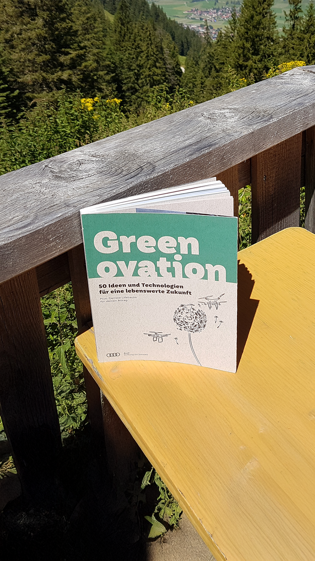 Ein Buch über nachhaltige Innovationen steht auf einem Holztisch mit Bergpanorama im Hintergrund.