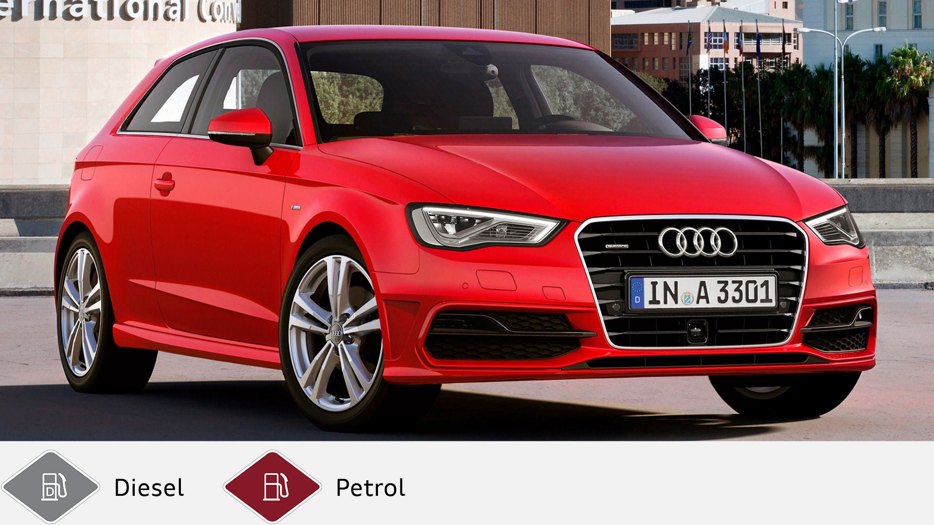 Red Audi A3 three-door in front of modern architecture, taken at an angle from the front. Below, gray diesel symbol and red petrol symbol.