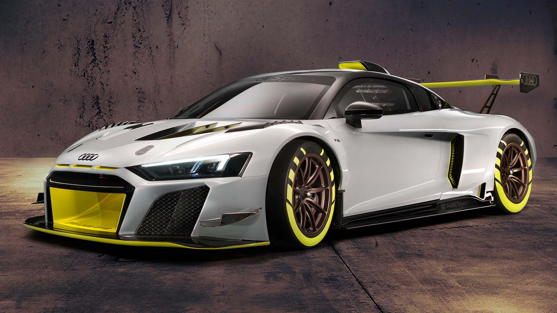 Das Foto zeigt den ausgestellten Audi R8 LMS GT2-Rennwagen.