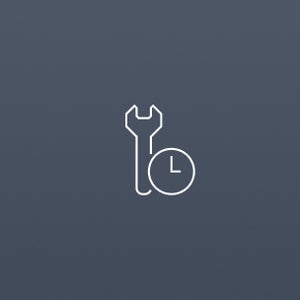 Minimalist icon of a wrench and clock, symbolising maintenance or time management, on a light grey background. Simple, efficient design.