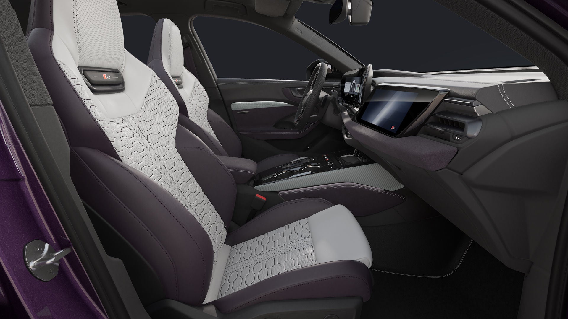 View from the passenger side of the sports seats in moraviolet/diamond silver leather combination with honeycomb quilting and the cockpit of the RS 5 Saloon.