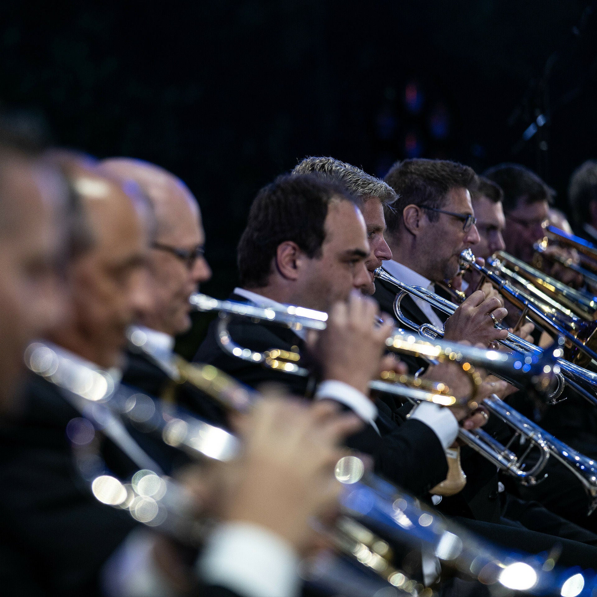 Nahaufnahme einer Reihe von Trompetenspielern während eines Konzerts.
