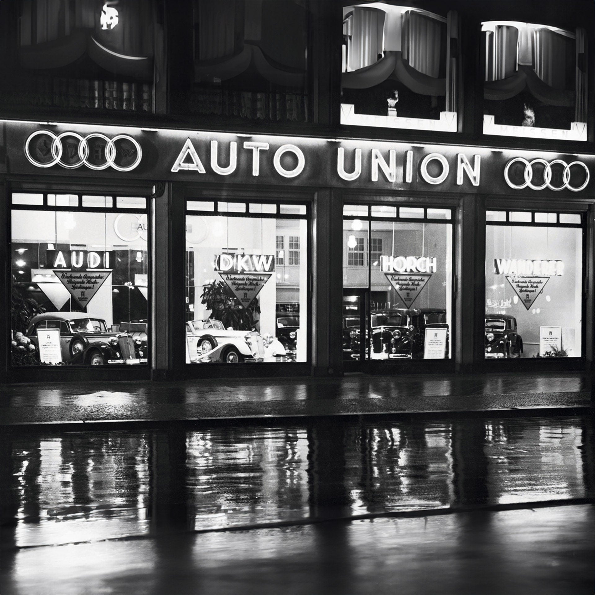 Showrooms at Capitol am Zoo in Berlin featuring the four Auto Union brands in 1937.