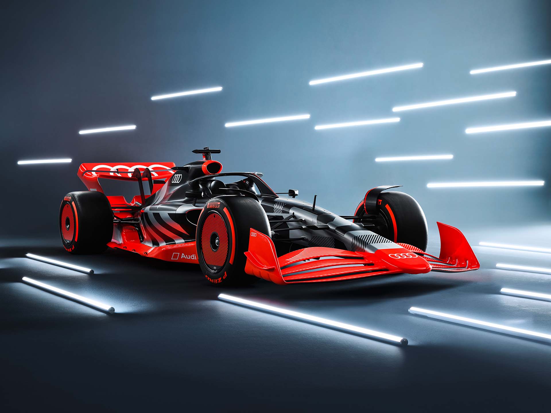 A picture showing the Formula 1 showcar with the Audi launch livery.