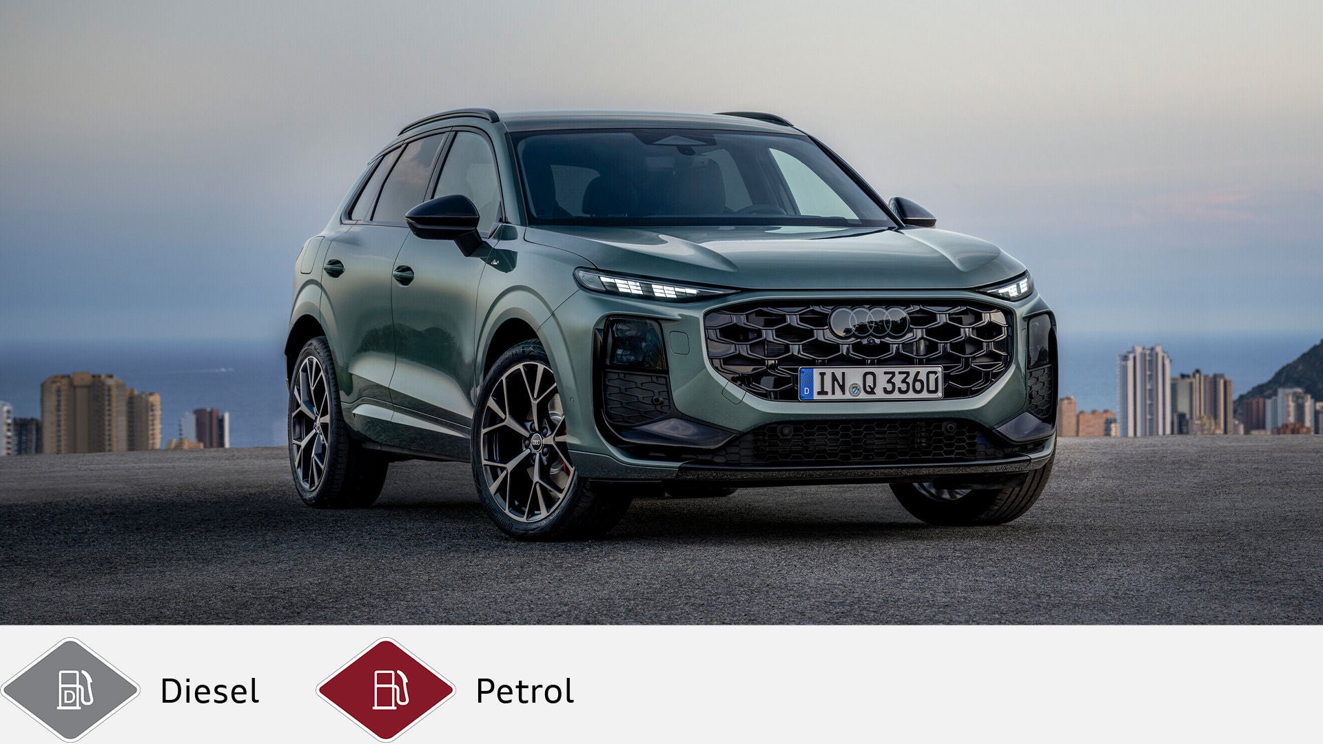 Green Audi Q3 parked with city skyline and sea view, diesel and petrol icons at the bottom.