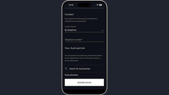 The myAudi app displaying the 'enter your contact details & select your Audi Centre' button