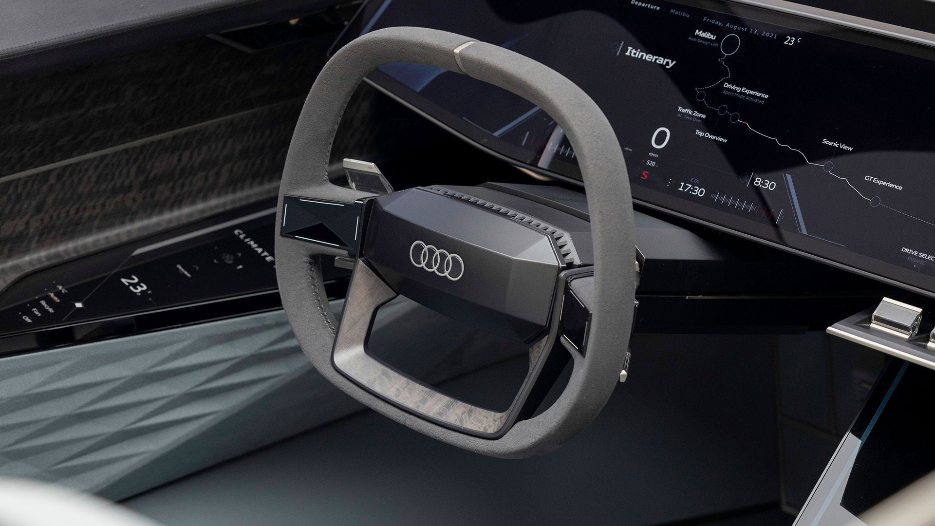Cockpit of an Audi concept car with large display in the dashboard