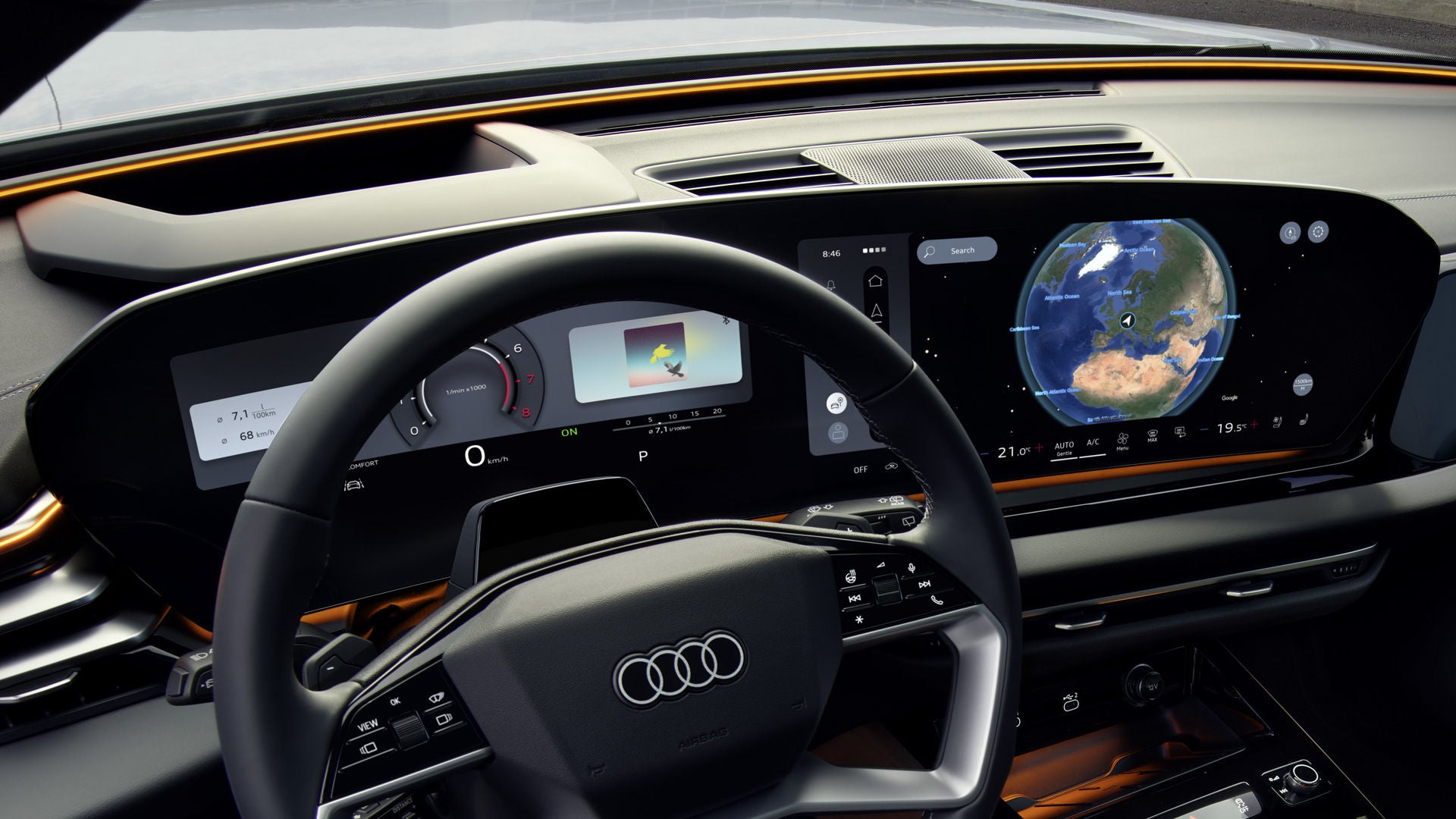 Vy över ratten och förardisplayen från förarens perspektiv.