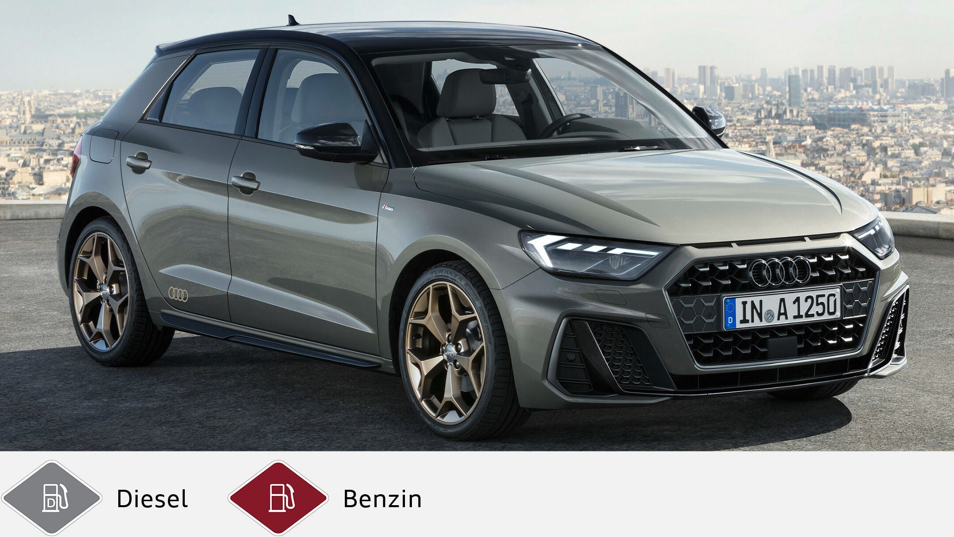 Grauer Audi A1 Sportback steht vor Stadtpanorama, schräg von vorn gezeigt. Unten graues Dieselsymbol und rotes Benzinsymbol.