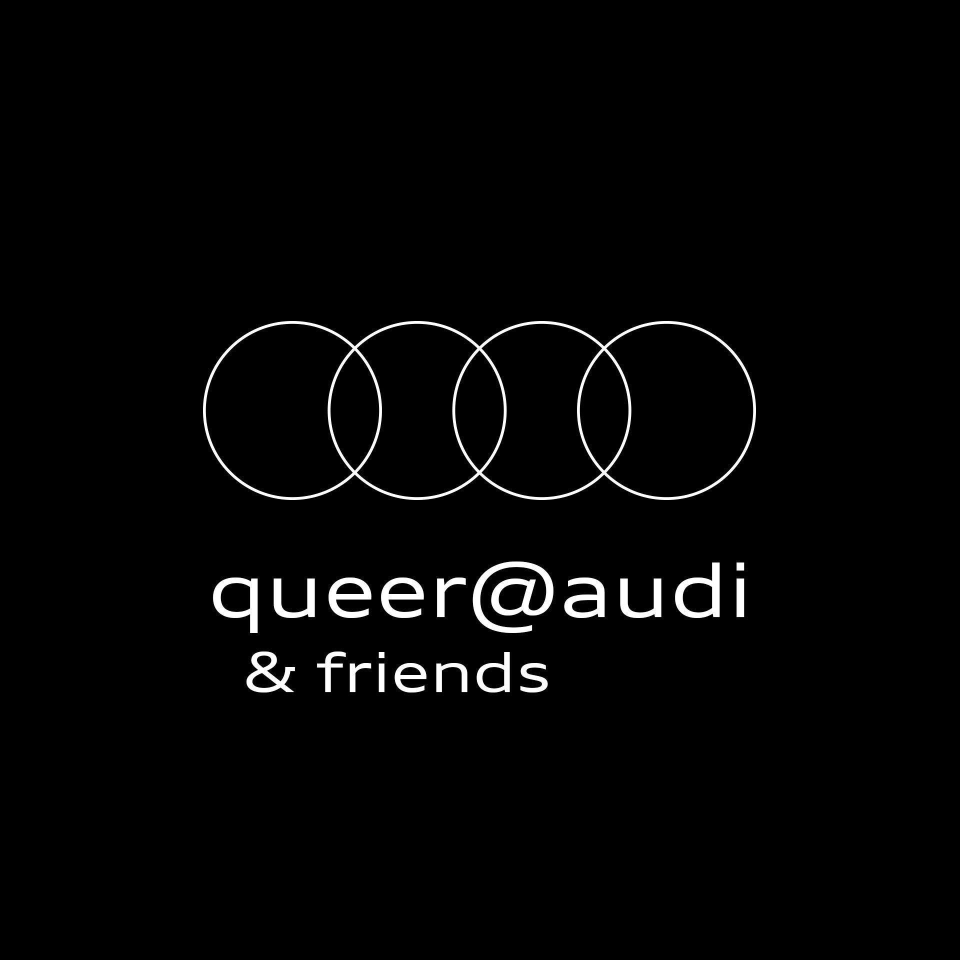 Audi Logo und darunter ein schwarzer Schriftzug queer@audi and friends