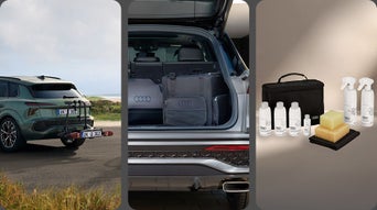 Collage en trois parties avec un Audi Q4 e-tron équipé d’un porte-vélos à l’arrière, un système d’organisation de coffre avec des sacs Audi, et un kit d’entretien incluant produits de nettoyage et éponges.