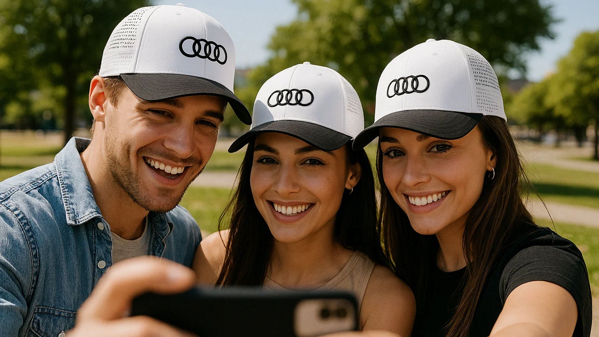 Drei lächelnde Personen mit weißen Audi-Kappen machen im Park ein Selfie mit einem Smartphone.