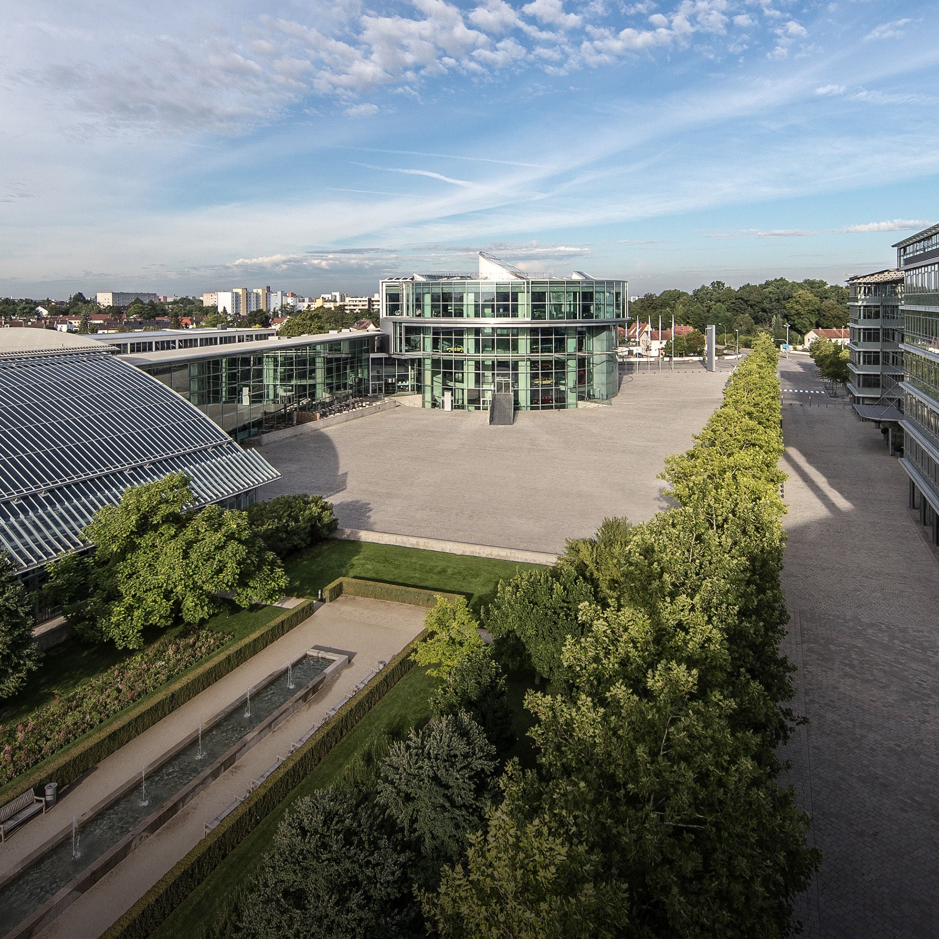 Aerial view of the glass façade of the Audi Forum in Ingolstadt.