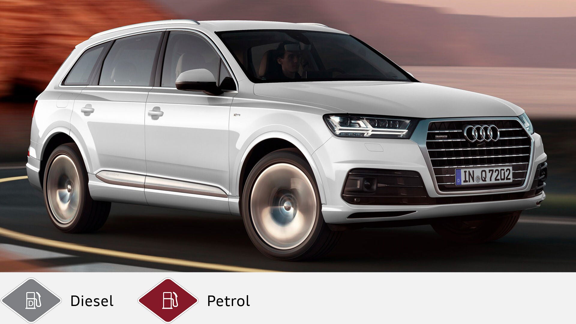 White Audi Q7 SUV driving on the road at sunset, slightly dynamic side view. Below gray diesel symbol and red gasoline symbol.