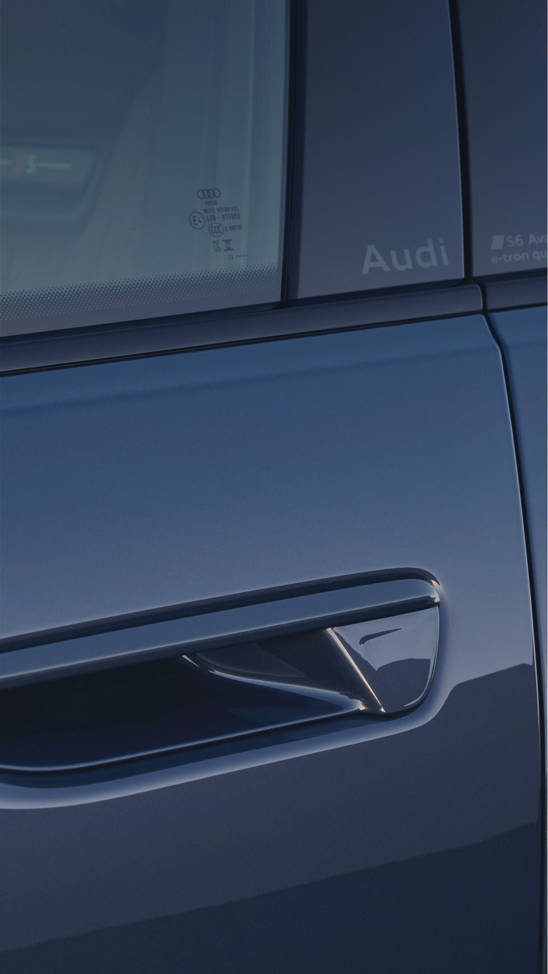Sleek metallic blue car door with a flush handle, reflecting a serene sky. Modern design suggests elegance and innovation.