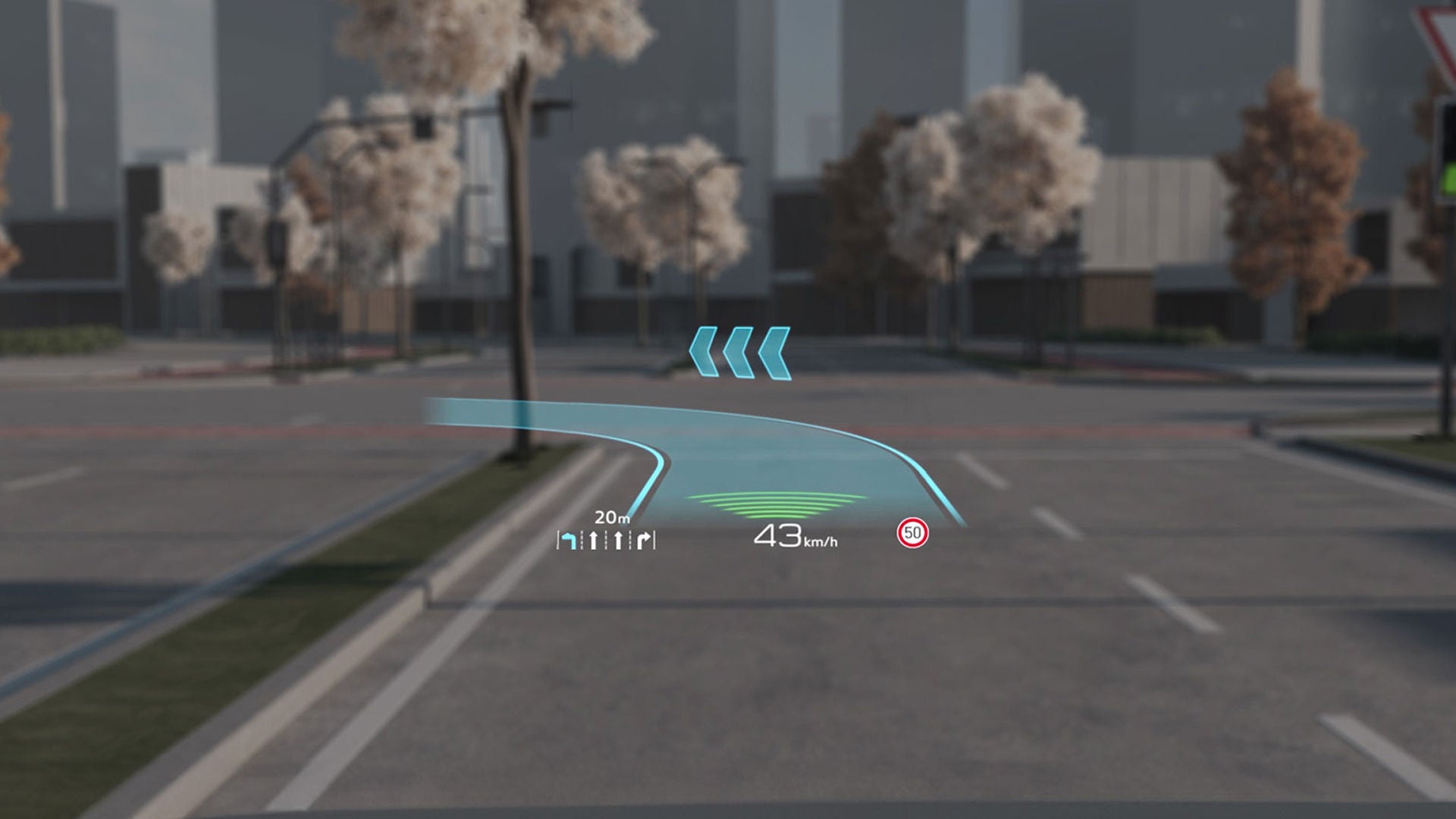 A heads-up display showing vehicle speed, navigation, and a road sign.