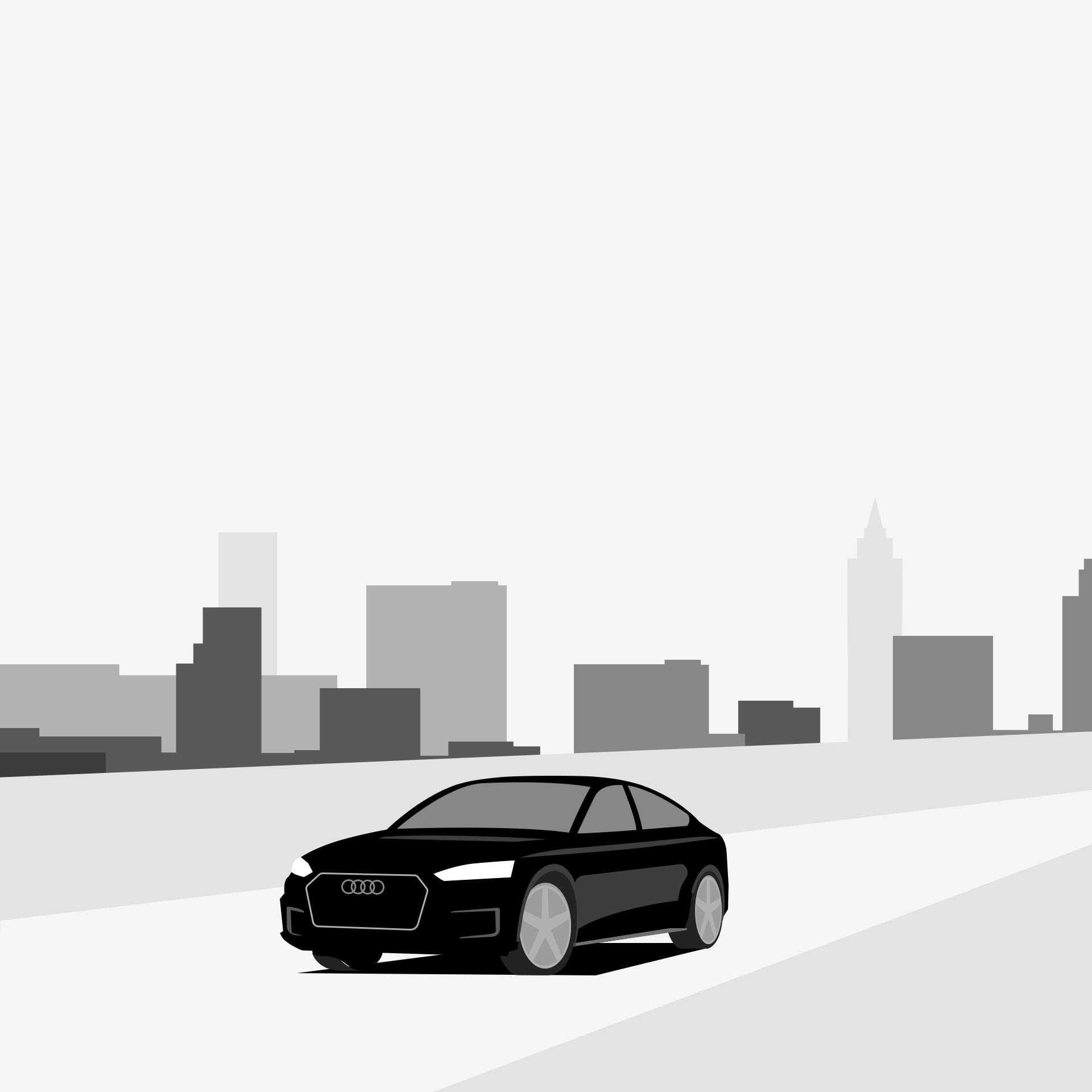Illustration eines schwarzen Fahrzeugs vor einer Stadtkulisse