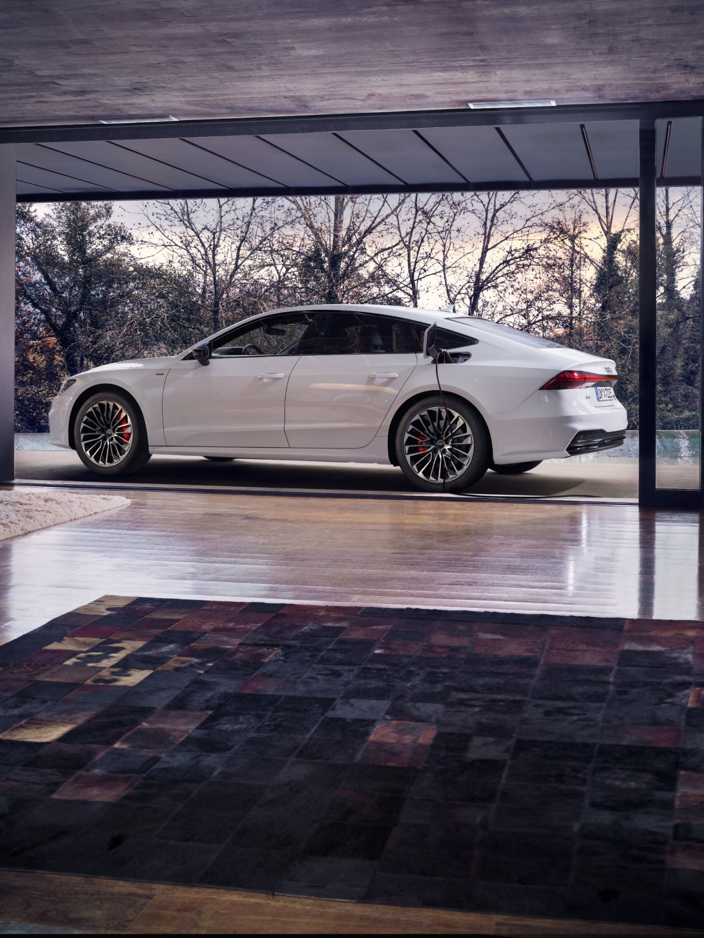 A white sedan parked beside a modern house with large glass windows overlooking trees.