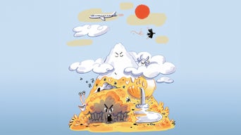 Illustration eines Berges mit Gesicht, umgeben von Wolken, Tieren, Bäumen, einem Flugzeug und einer Sonne vor blauem Hintergrund.