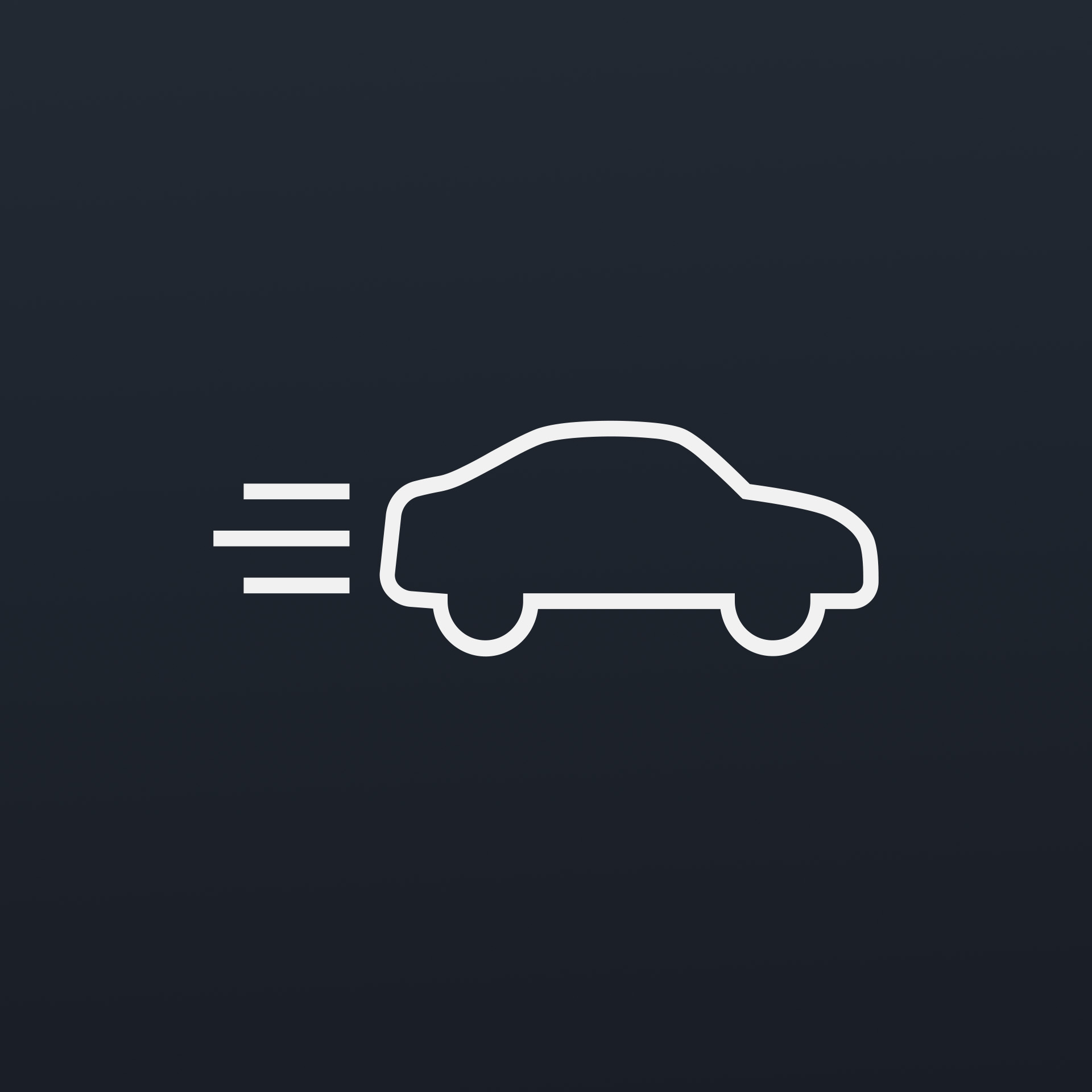Car icon with motion lines on a black background.