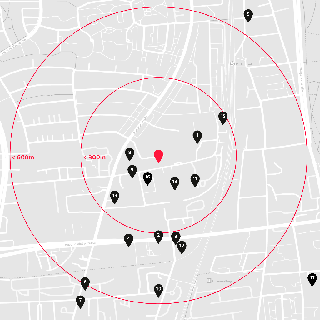 Stadtplan mit Standortmarkierung und 17 markierten Zielen im Umkreis von 300 und 600 Metern um einen zentralen Punkt.