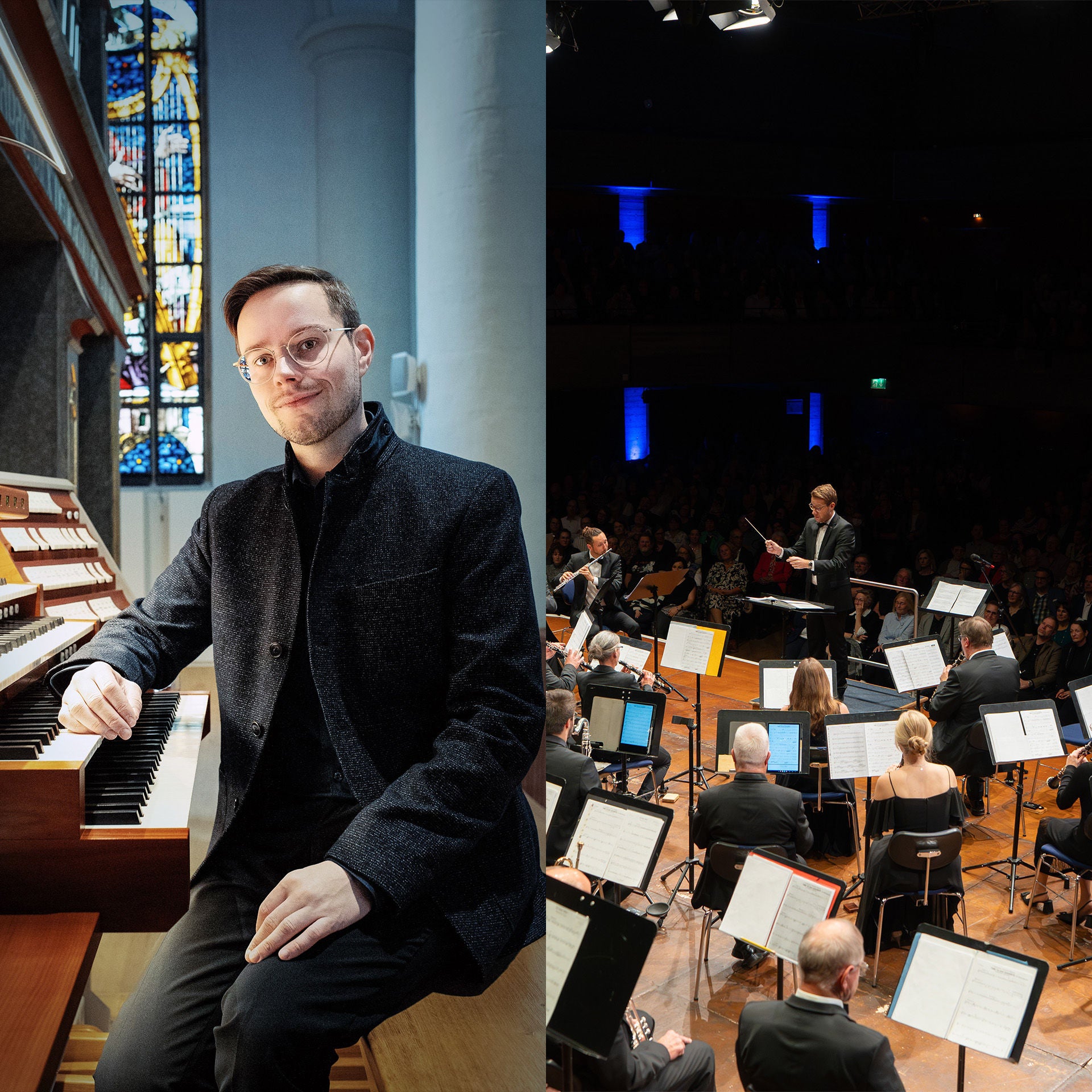 Organist an einer Kirchenorgel vor buntem Glasfenster und Orchester mit Dirigent auf Konzertbühne vor sitzendem Publikum.
