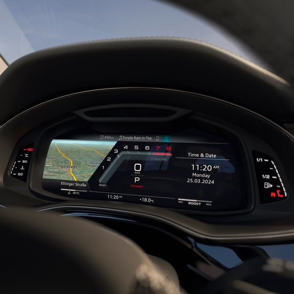 Digital car dashboard displaying speedometer, navigation map, and multimedia info.