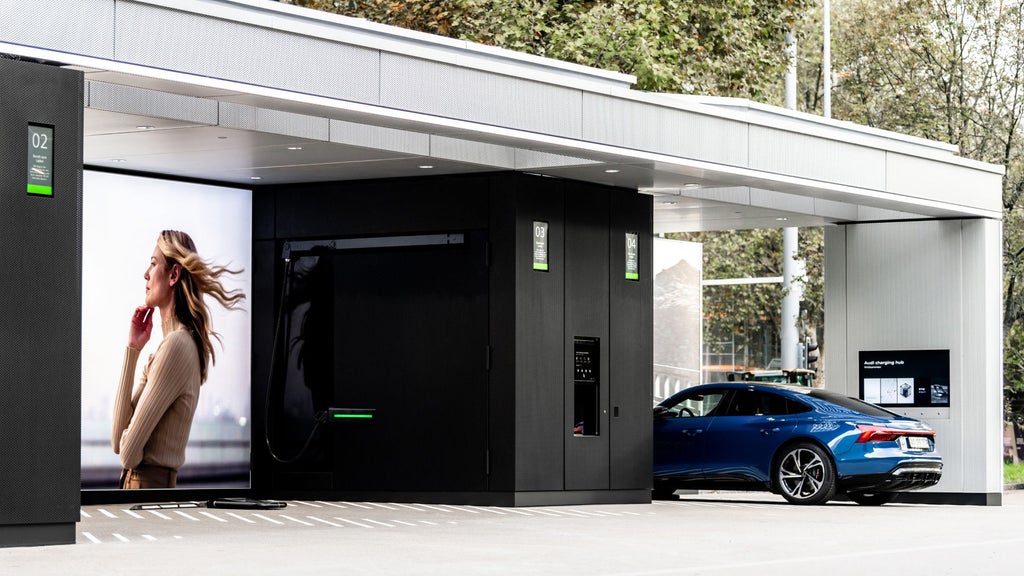 Charging stations with a roof at the Audi charging hub.