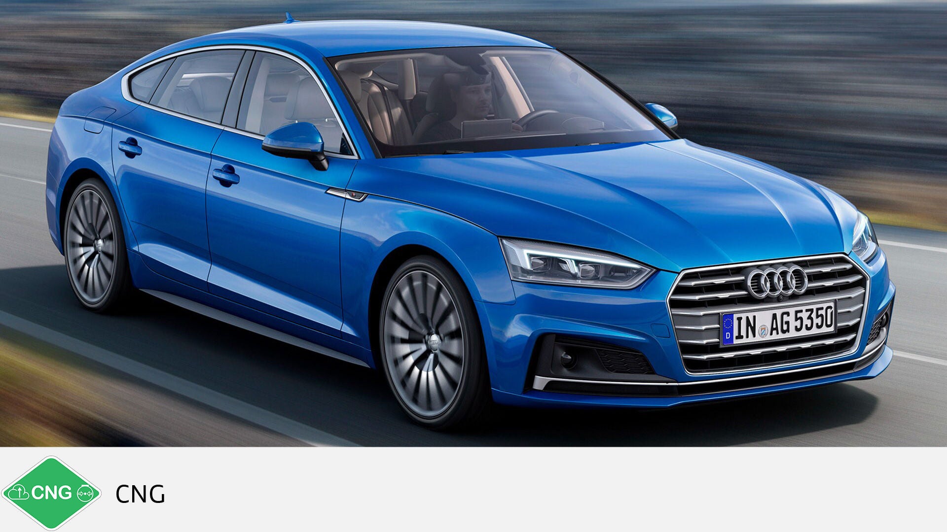 Blue Audi A5 Sportback g-tron on the road, photographed diagonally from the front. Green CNG symbol with text at the bottom.