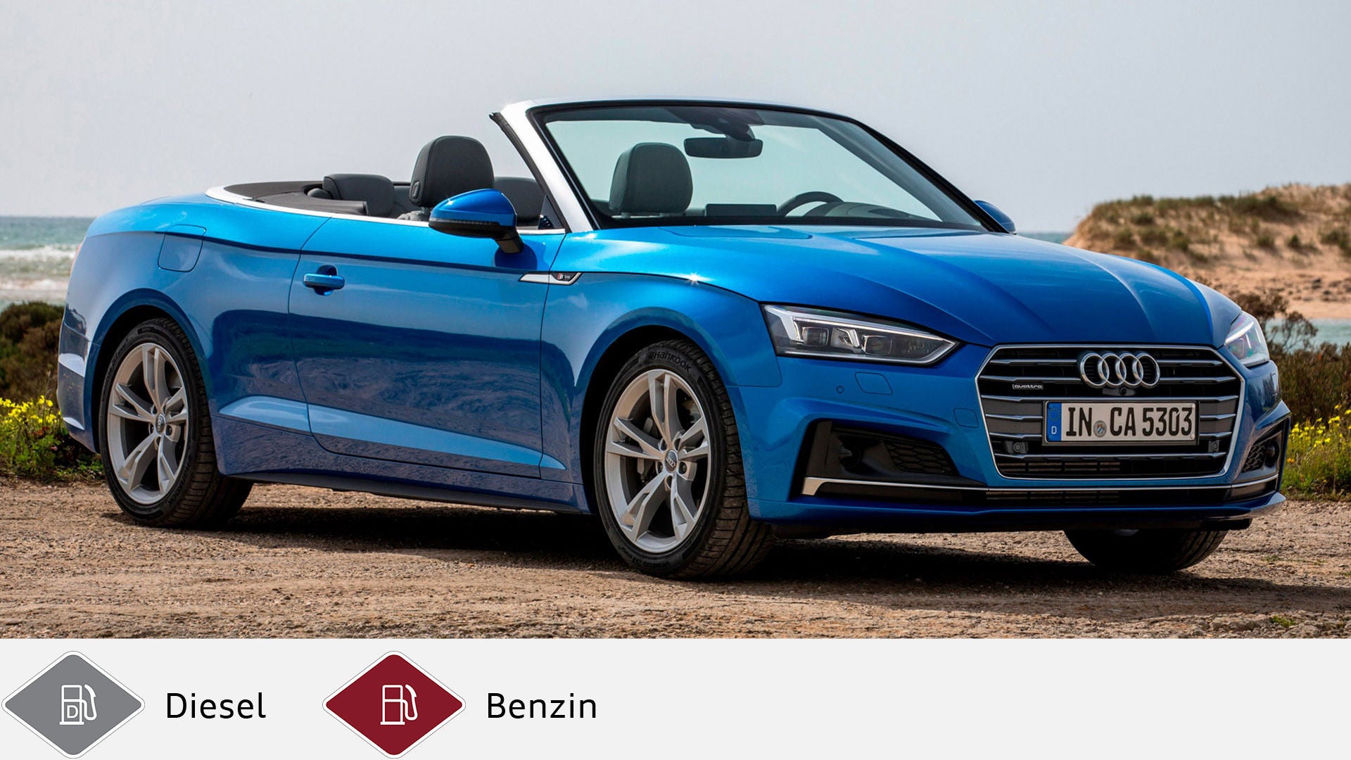 Blaues Audi A5 Cabrio (ab 2017) mit geöffnetem Verdeck an der Küste. Unten graues Dieselsymbol und rotes Benzinsymbol.