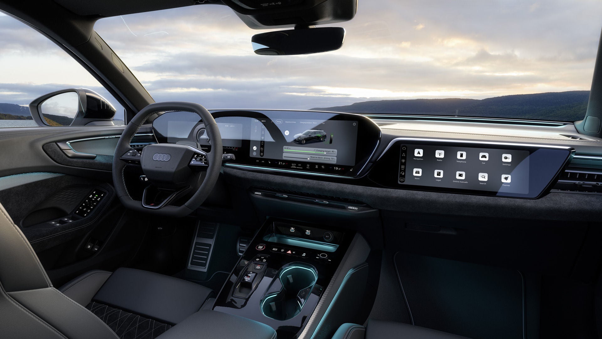 Vy över cockpiten och panoramaskärmarna i A5 Avant e-hybrid.