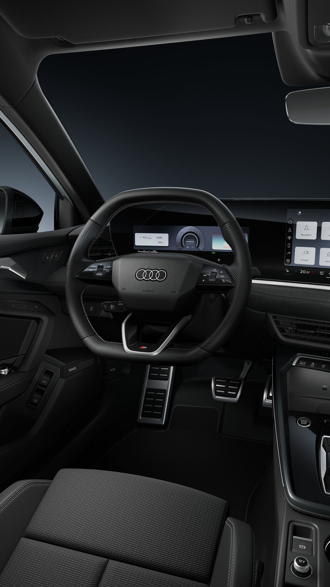 A front view of the sport leather steering wheel and the curved panoramic display.