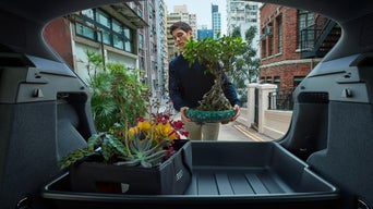 Mann lädt Bonsai in den Kofferraum eines Audi, der bereits mit einer Box voller Pflanzen bestückt ist, in urbaner Umgebung.