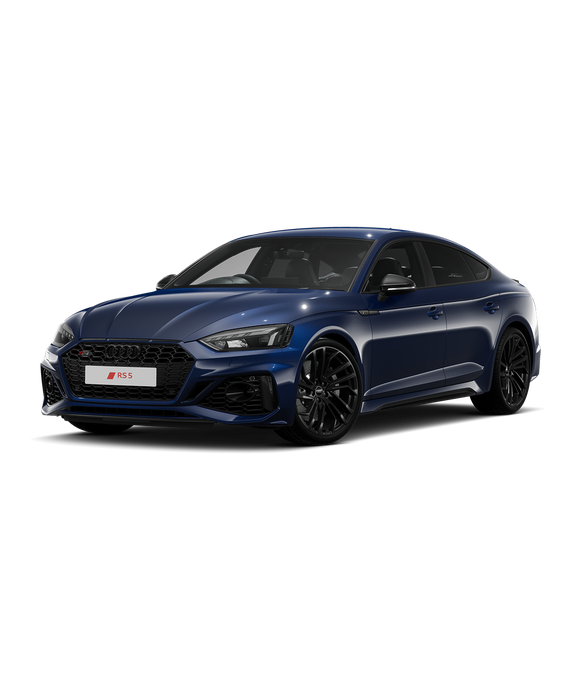 A blue Audi RS5 Sportback car carbon black trim against a white background.