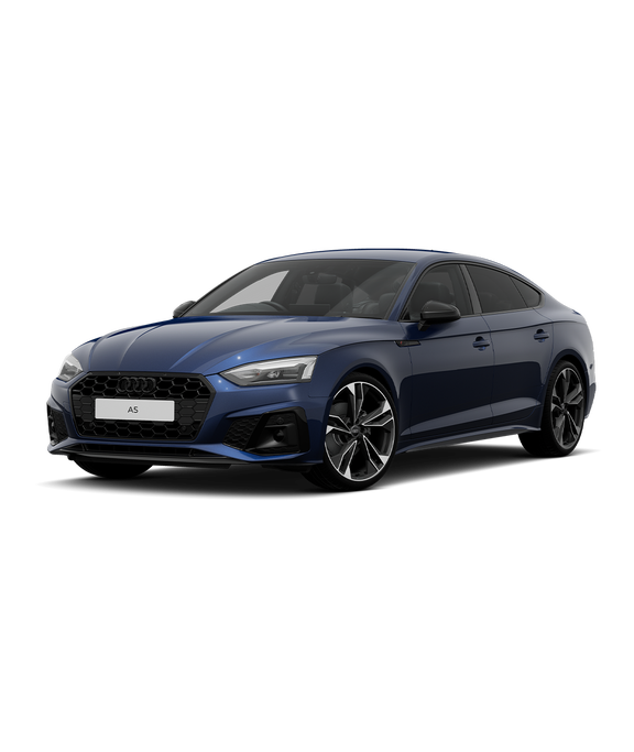 A blue Audi A5 Sportback black edition trim against a plain white background.