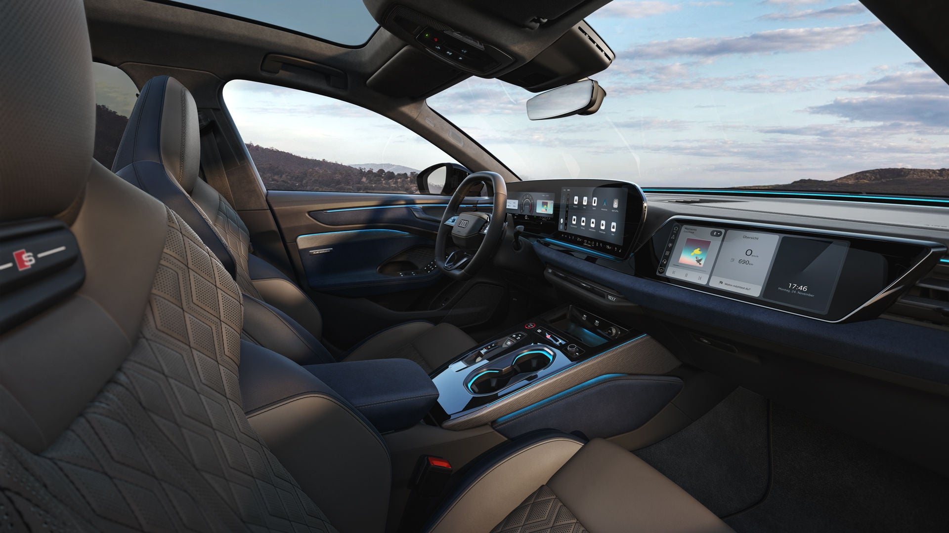 View through the passenger window into the cockpit of the A6 Saloon. The upholstery is neodymium gold.