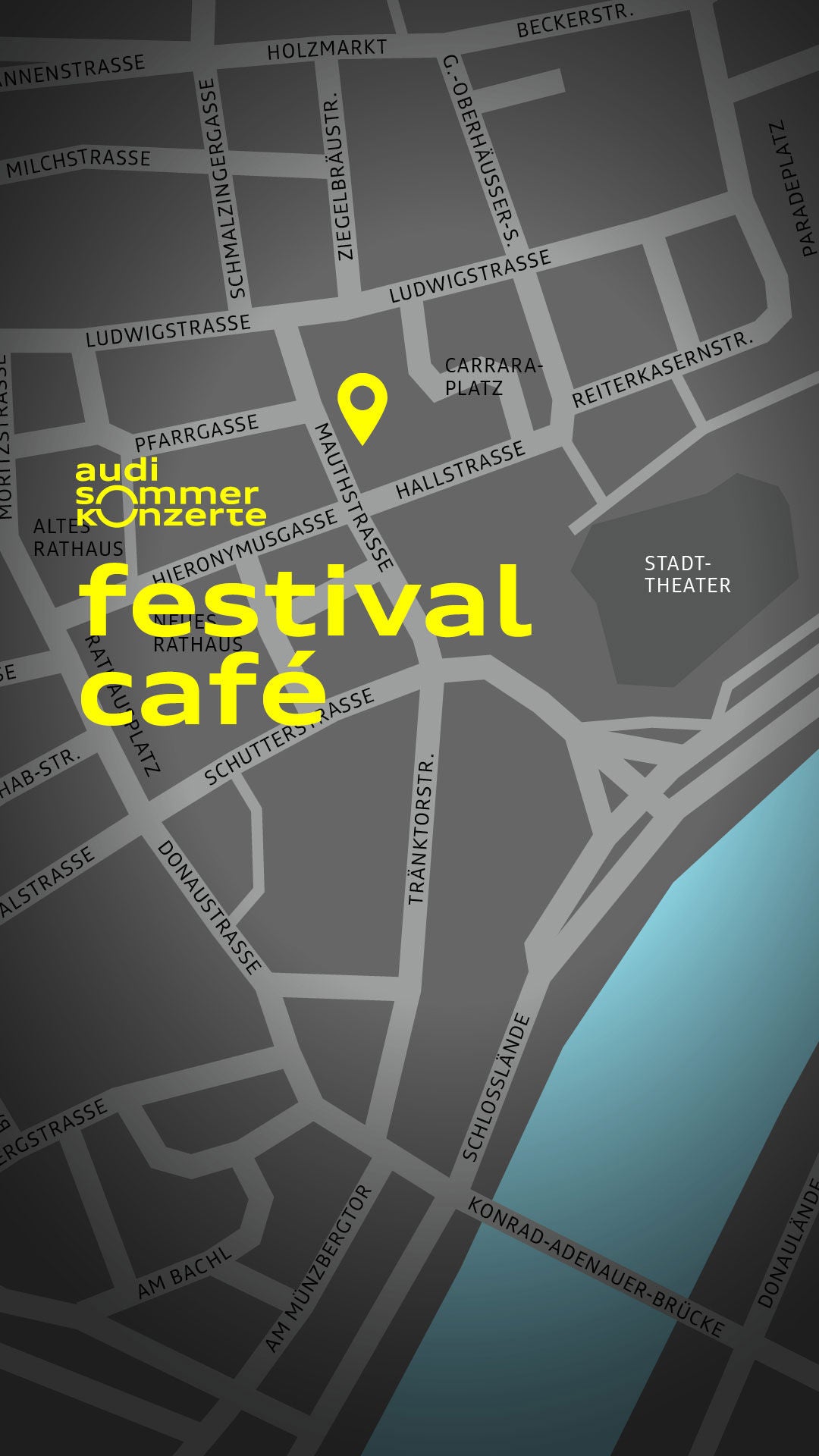 Stadtkarte mit gelber Markierung, Schriftzug „audi sommerkonzerte festival café“, Fluss rechts im Bild sichtbar.