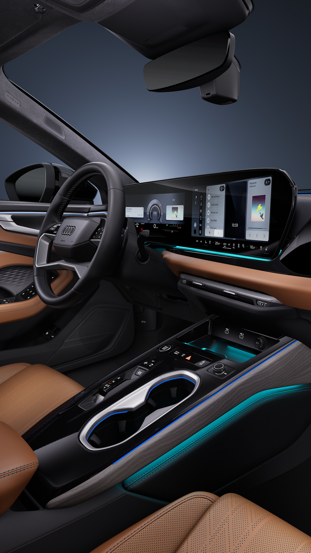A close-up view of the cockpit from the side, focusing on the steering wheel and the digital displays.