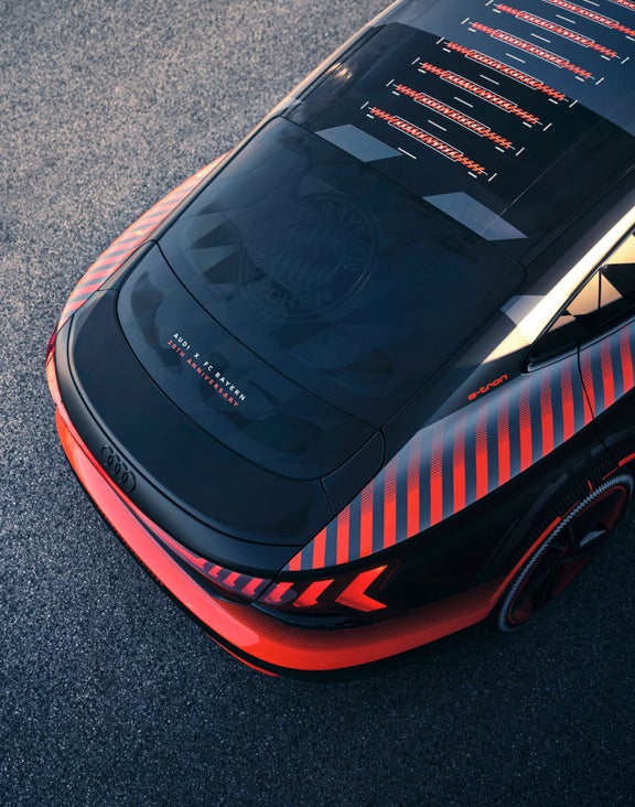 The rear of the Audi RS e-tron GT FC Bayern concept from above