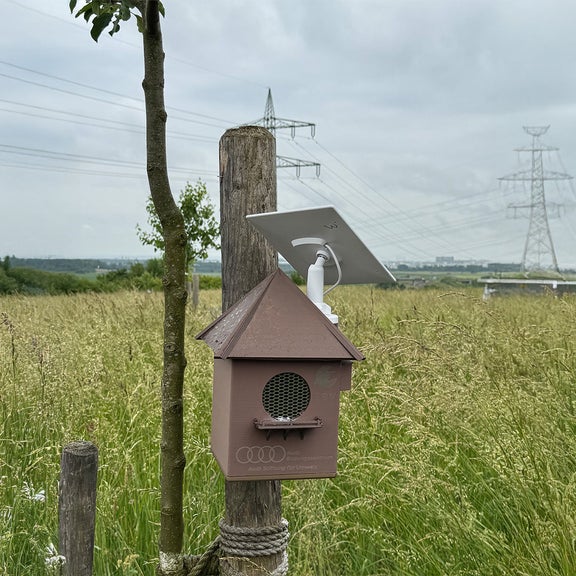 A brown listening box with a loudspeaker grille and solar panel is attached to a wooden pole in a high meadow.