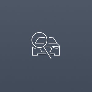 Simple line drawing of a car with a magnifying glass over its side, focusing on the window. The background is light grey, conveying inspection.