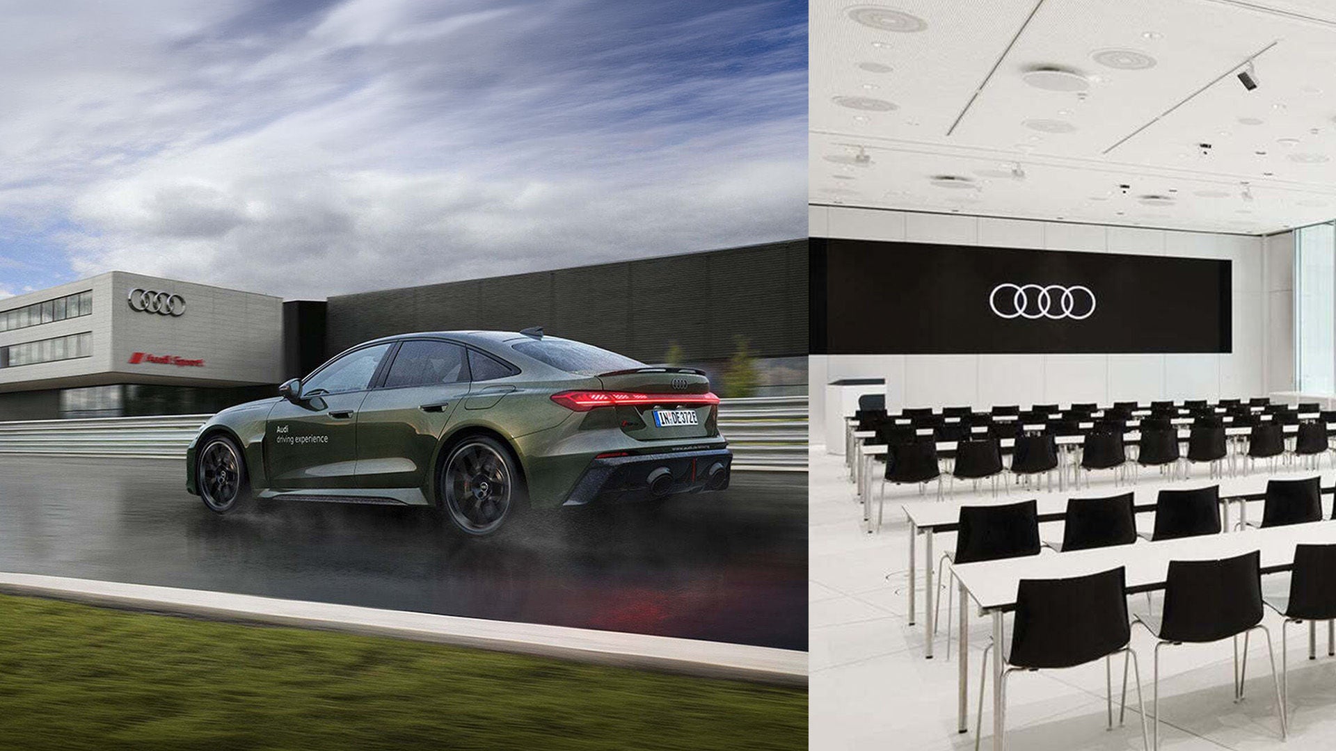 Collage: links grüner Audi RS 5 Limousine auf nasser Strecke, rechts leerer Konferenzraum mit Audi-Logo.