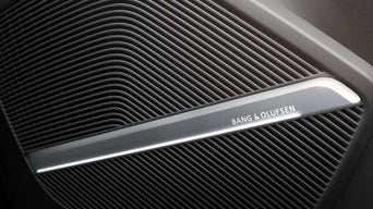 Close-up of a black Bang & Olufsen speaker grill with logo.