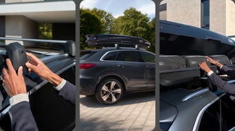 Une série de trois images montre le montage de barres de toit sur le toit d’un véhicule, un SUV Audi gris avec un coffre de toit installé, ainsi que le chargement du coffre de toit avec des sacs sur mesure.