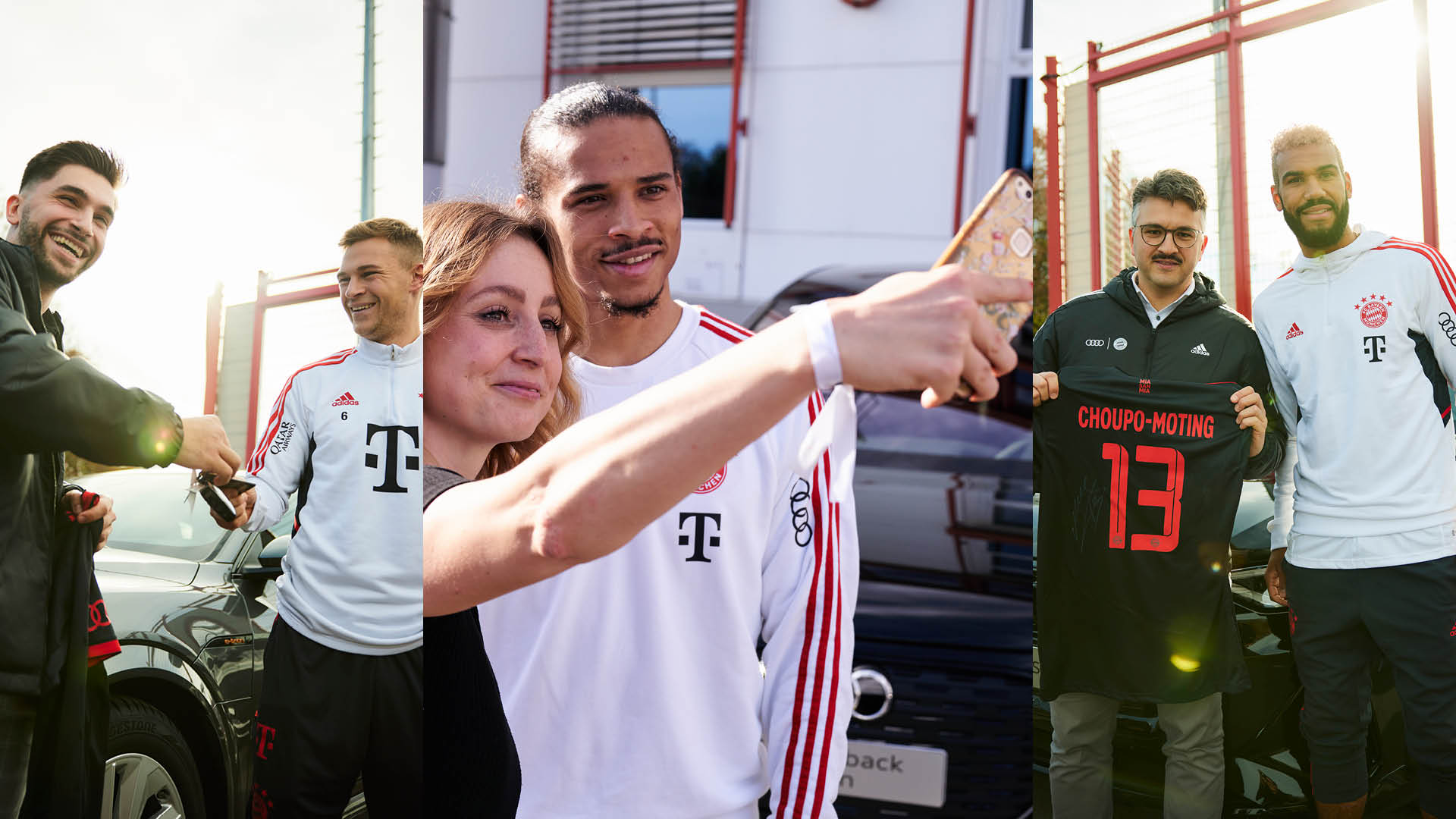 Collage of FC Bayern players with happy Audi employees