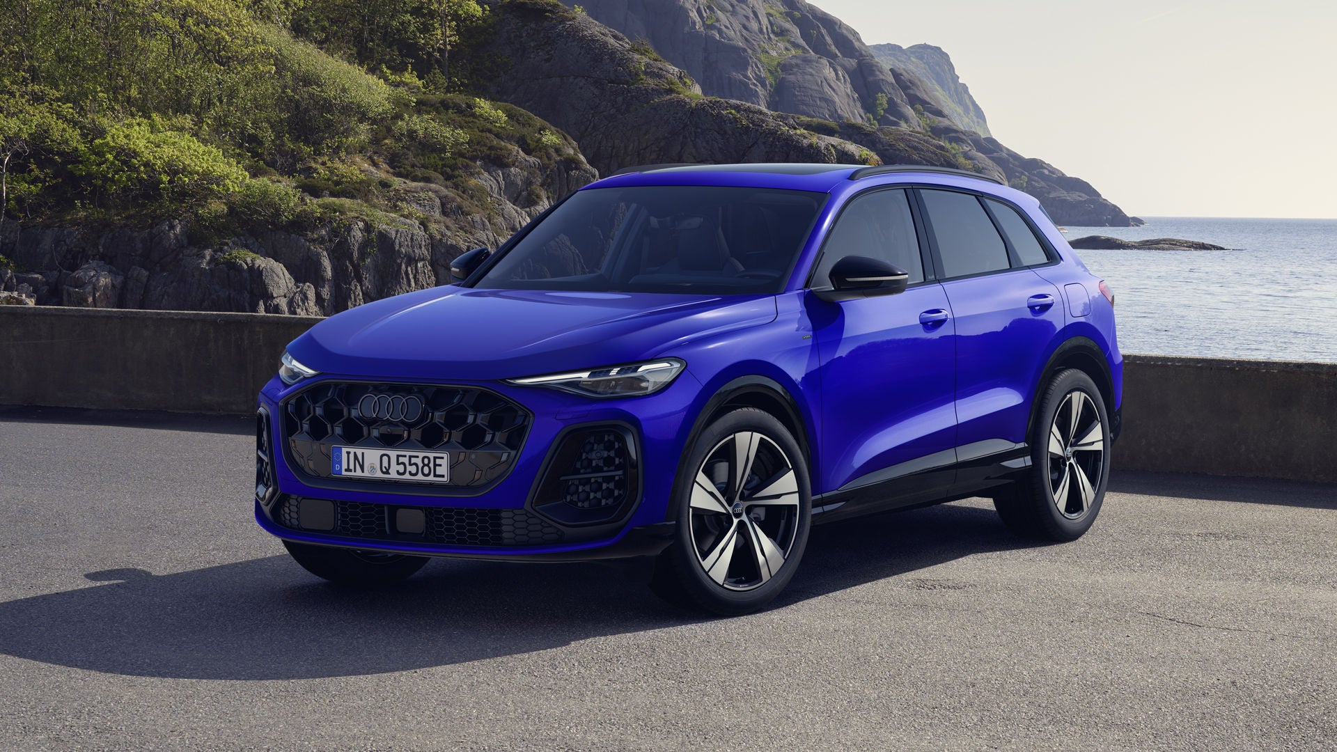 Ein Q5 SUV e-hybrid mit der Individuallackierung Nogaroblau Perleffekt steht im schrägen Frontprofil an einer felsigen Küste.