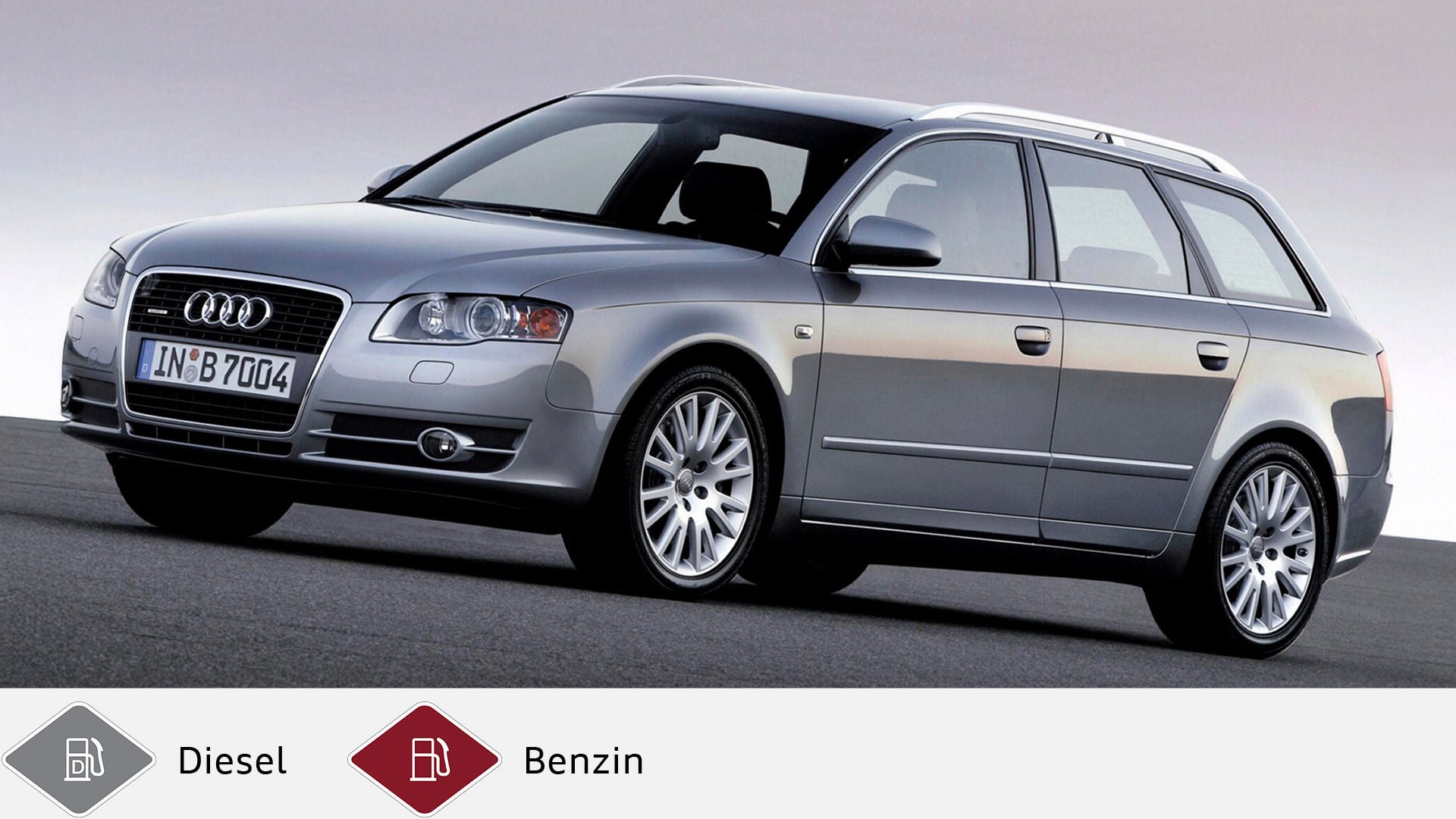Silberner Audi A4 Avant steht auf Asphalt, fotografiert von schräg vorne rechts. Unten graues Dieselsymbol und rotes Benzinsymbol.
