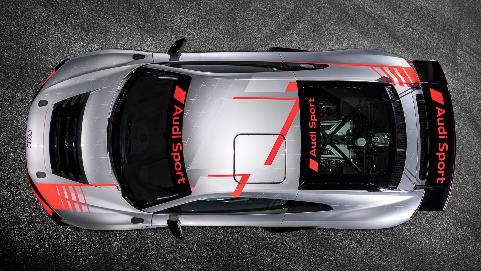 A picture showing the Audi R8 LMS GT4 race car on display.