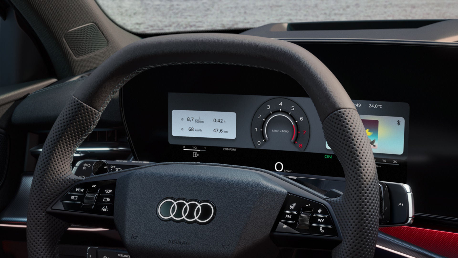Blick auf das Lenkrad und die digitalen Displays des Audi virtual cockpit plus.